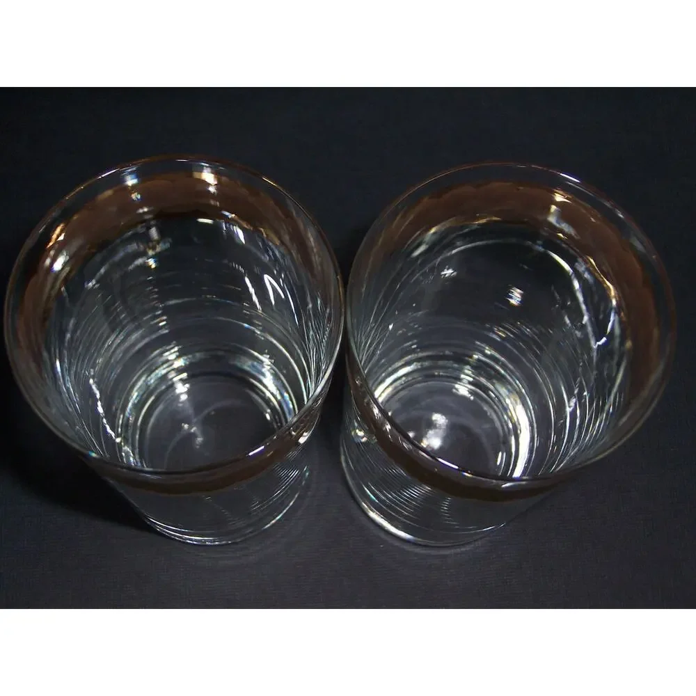 Vintage Bohemia Czechoslovakia Crystal Highball Glasses Gold Honeycomb Band 2pc
